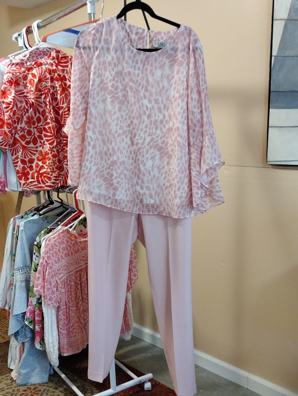 Kasper Light Pink Printed Blouse with Straight Leg Pants